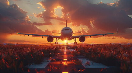 An airplane lands at sunset, with the afterglow of the sun shining on its wings. Generative AI.