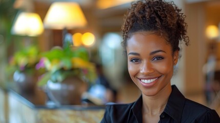 A hotel receptionist multitasking with a smile, answering phone calls, handling inquiries, and greeting guests with courtesy.
