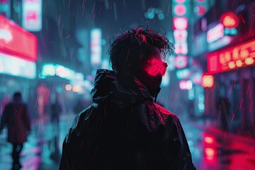 Cyberpunk theme in brightly lit city at night 
