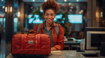A hotel receptionist smiling while assisting a guest with luggage storage and arranging transportation services.