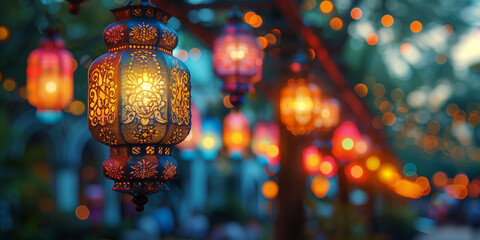 Obraz premium A group of vibrant lanterns hanging from tree branches Festa Junina banner