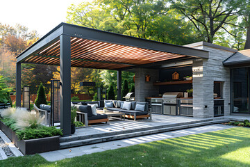 Modern patio furniture including pergola shade structure, awning, dining table, seats, and metal grill for outdoor entertainment and relaxation.
