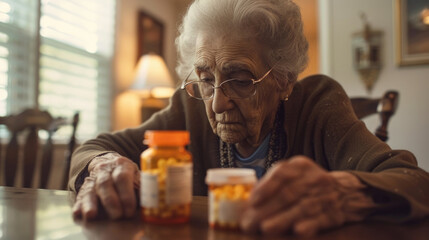 An elderly woman is seated at a table with multiple pills in front of her, indicating medication management or health concerns