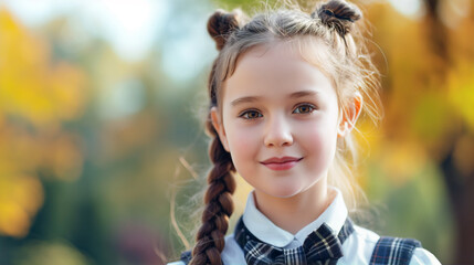 Fototapeta premium Close-up portrait of a cheerful young girl with braided hair and a plaid shirt, set against a blurred autumnal background, capturing the essence of childhood and seasonal change