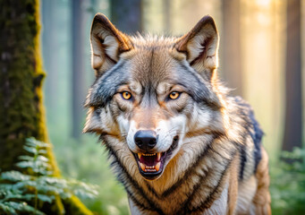 Fototapeta premium angry wolf showing his teeth .Gray wolf in the wild