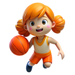 3d cartoon illustration of kid girl with play basketball, highly detailed, happy, cute