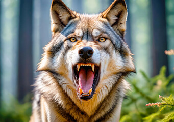 angry wolf showing his teeth .Gray wolf in the wild
