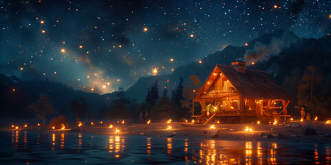 A cabin by a lake surrounded by colorful lights during a festive celebration banner festa junina