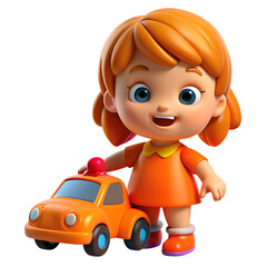 3d cartoon illustration of kid girl with play toy car, highly detailed, happy, cute