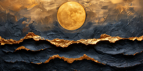 A painting featuring a full moon rising over a rugged mountain range banner background - obrazy, fototapety, plakaty