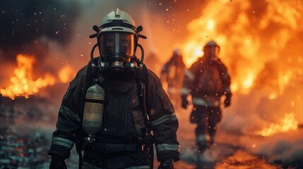 Team of workers with power and firefighter, red fire, spray water. Generative AI.