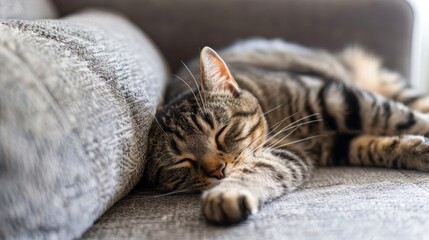 A cat is sleeping on a couch