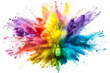 A dynamic explosion of paints in rainbow colors, vividly splattered across a white background, creating a striking and colorful visual celebration.
