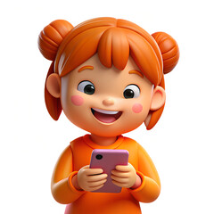 3d cartoon illustration of kid girl with  use phone, highly detailed, happy, cute