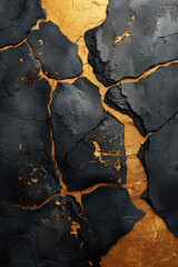 Detailed view of black and gold acrylic textured art on canvas vertical background