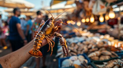 A hand holding a freshly caught lobster against a backdrop of a bustling fisherman's market selling a variety of shellfish.