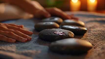 A hot stone massage therapy session, with smooth river stones placed on the body to release tension and promote natural healing.