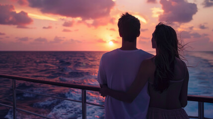 A man and a woman stand on a cruise ship, gazing at the sun setting on the horizon
