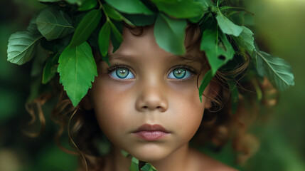 portrait Mother Nature child son face closeup green fairy 