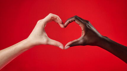 Black and white hands in heart shape, interracial friendship. Multiracial hands over red background. Peace and love concept.