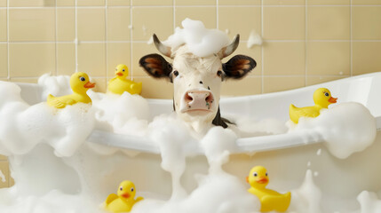 Cow Relaxing Bubble Bath with Floating Ducks