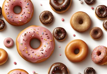 A bunch of donuts with pink and brown frosting and sprinkles on them with premium white background. - obrazy, fototapety, plakaty