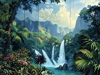 beautiful landscape of a waterfall in a jungle with mountains in the background