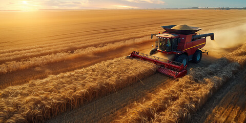 A red combine harvester actively working in a wheat field banner Whole Grain Day
