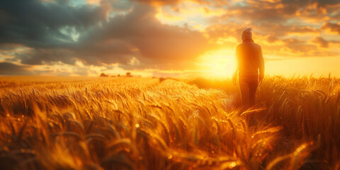 A man standing amidst wheat plants in a field during the golden hour of sunset banner Whole Grain Day - obrazy, fototapety, plakaty