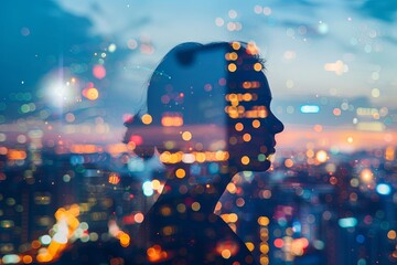 Portrait with double exposure depicting city and person 