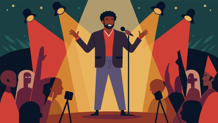 A powerful spoken word performance takes place on stage as a poet delivers a moving piece about the significance of Juneteenth and the ongoing fight. Vector illustration