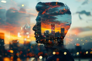 Profile of a man with a double exposure. City lights, representing business success against an evening sky. 