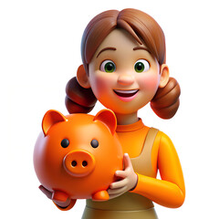 happy kid girl holding piggy bank vector