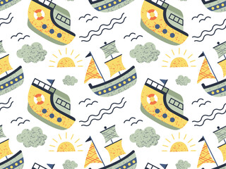 Seamless pattern of ships, speedboat. Doodle style childish ship. Marine transport clipart. Collection of cute ships.