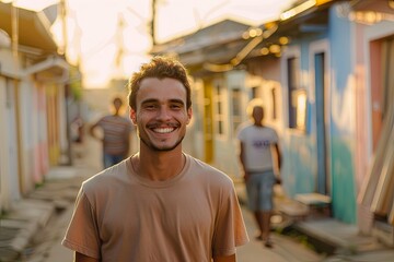 Handsome young man seen walking in street 