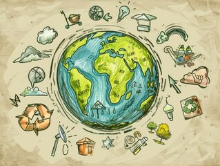 A drawing of the Earth with various symbols of technology and nature surrounding it
