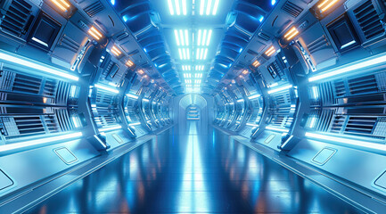 Corridor tunnel of space station ship, glowing futuristic panels of blue color, metal walls...