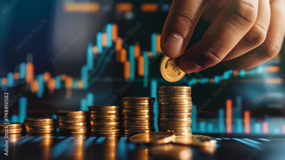 Poster A hand holding a stack of coins against a backdrop of rising financial graphs, symbolizing prosperity.