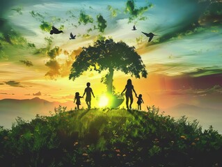 A family of four walking towards a large tree at sunset