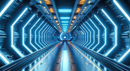 Corridor tunnel of space station ship, glowing futuristic panels of blue color, metal walls reflection of light. Podium stage long way. Generative AI.