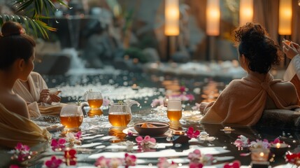 An herbal tea ceremony in a spa relaxation lounge, with guests enjoying natural herbal blends for relaxation and hydration.