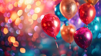 Vivid party balloons with a shimmering surface float against a backdrop of soft-focus multicolored lights.