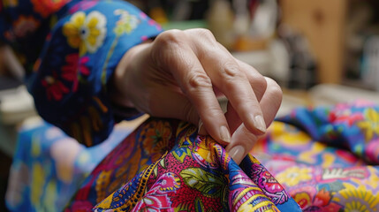 A person is shown with their hand resting on a vibrant and colorful cloth, creating a visually striking contrast