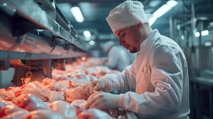 An inspector checking frozen chicken products for foreign objects and contaminants before packaging, ensuring food safety and compliance with regulatory standards. - obrazy, fototapety, plakaty