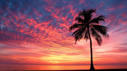 A lone palm tree silhouetted against a vibrant sunset sky, casting a striking image on a deserted tropical beach.