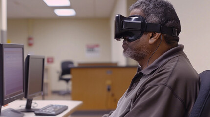 A man is seated in front of a computer, wearing virtual glasses and interacting with the digital display