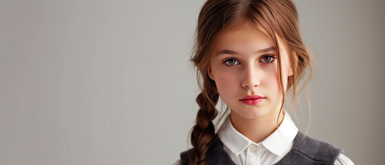 Portrait of a young girl with a subtle smile, sporting a tidy braid and a smart vest over a white blouse, exuding innocence and poise against a neutral background