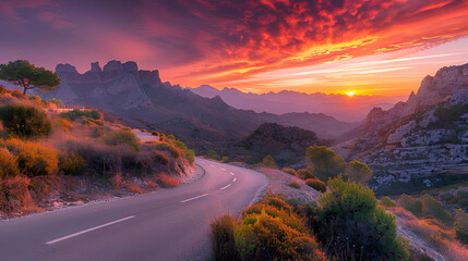rental car in spain mountain landscape road at sunset, generative ai
