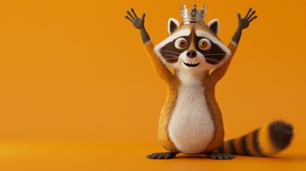 A cartoon raccoon with a crown on his head is standing on a yellow background