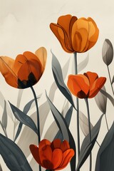 Abstract cityscape with tulip silhouettes in chestnut brown, burnt sienna, and cream against a solid background. Minimalistic design emphasizes negative space, creating an elegant vibe.